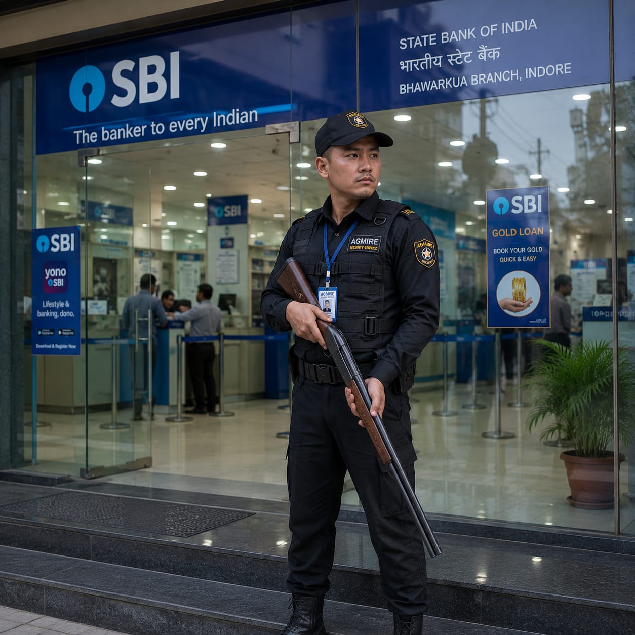 Security guard outside a bank branch
