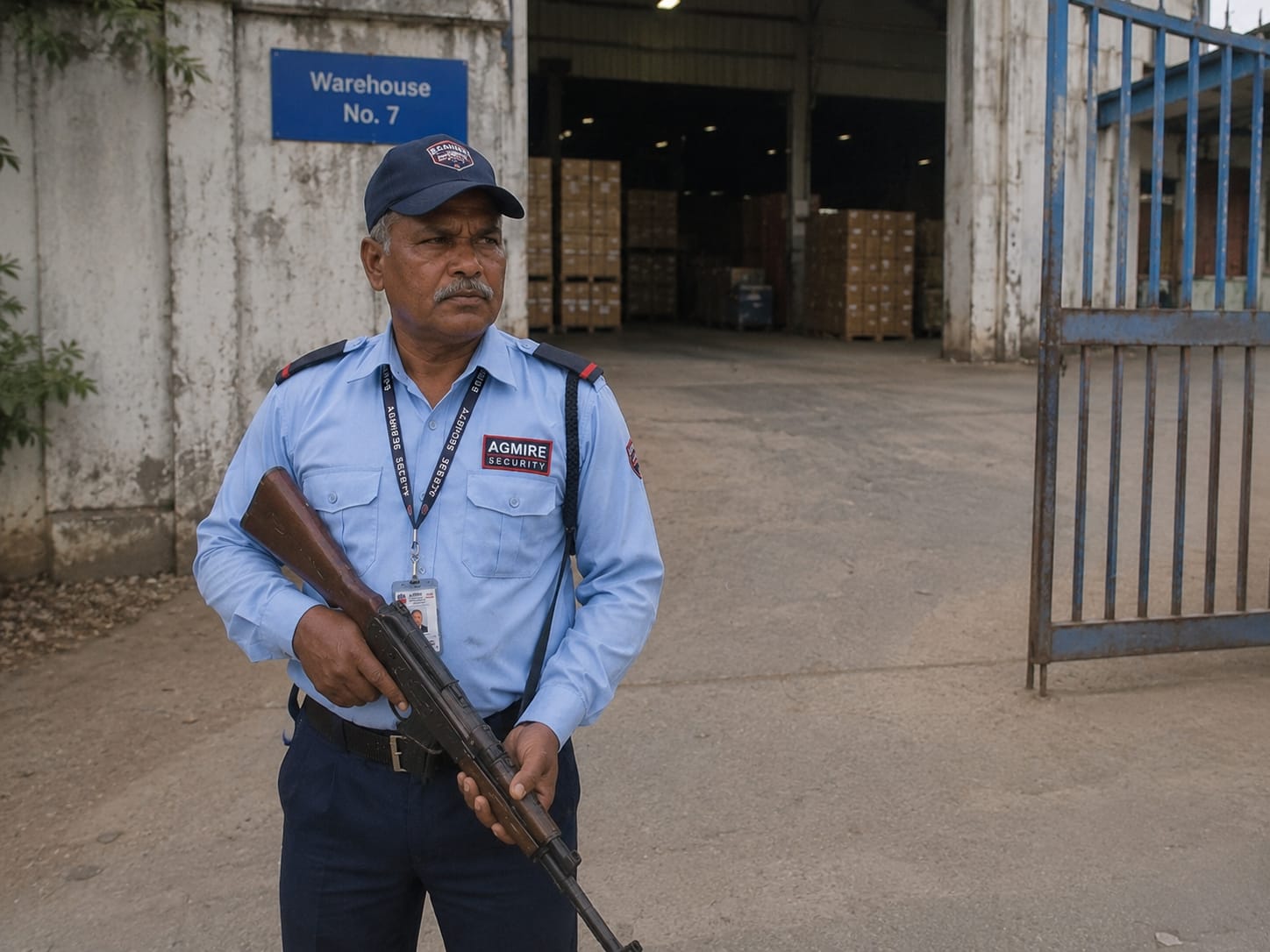 Security guard at a warehouse gate